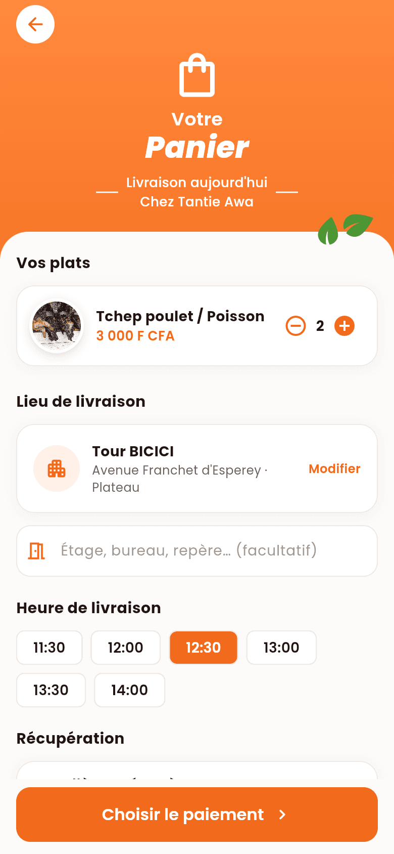 Panier avec lieu et heure de livraison