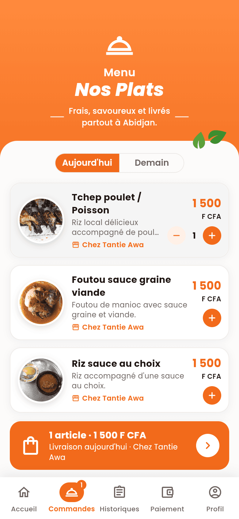 Plats du jour avec panier